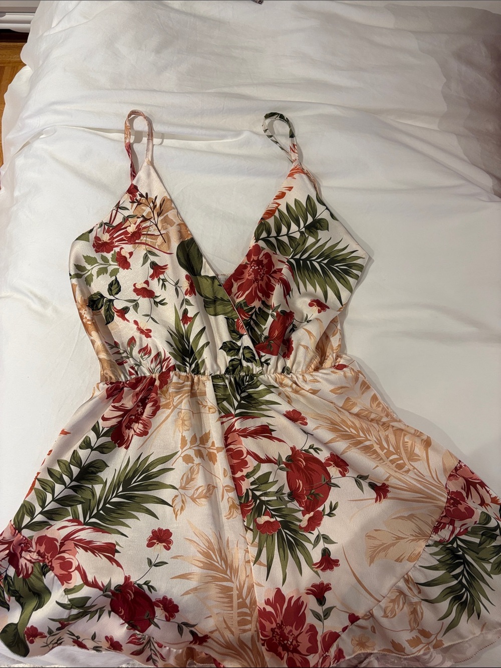 Tropical Floral V-Neck Mini Dress in Cream and Red